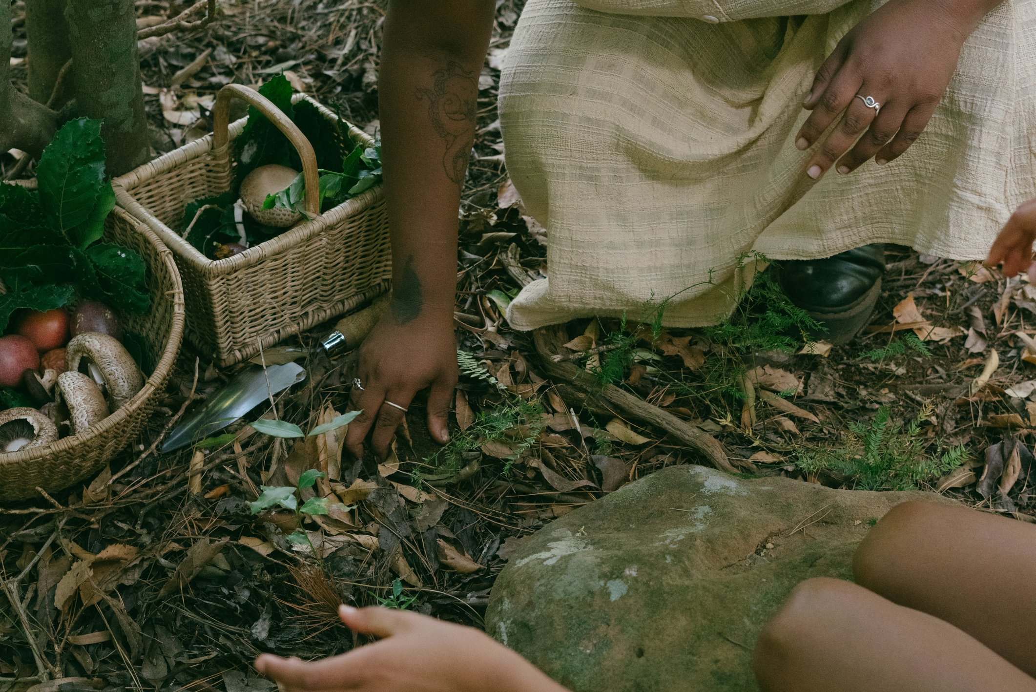 Woman with Kids Foraging in the Forest